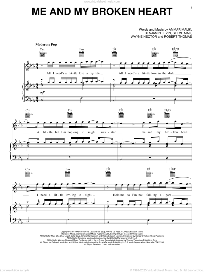 Me And My Broken Heart sheet music for voice, piano or guitar by Rixton, Ammar Malik, Benjamin Levin, Rob Thomas, Steve Mac and Wayne Hector, intermediate skill level