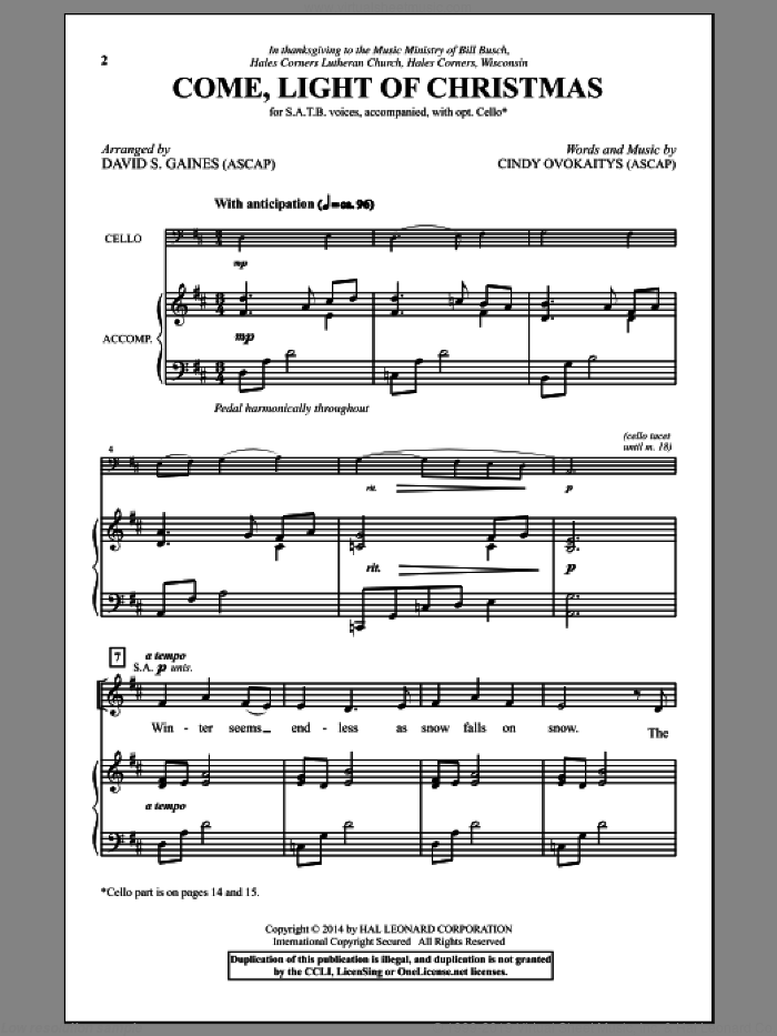 Come, Light Of Christmas sheet music for choir (SATB: soprano, alto, tenor, bass) by Cindy Ovokaitys and David S. Gaines, intermediate skill level