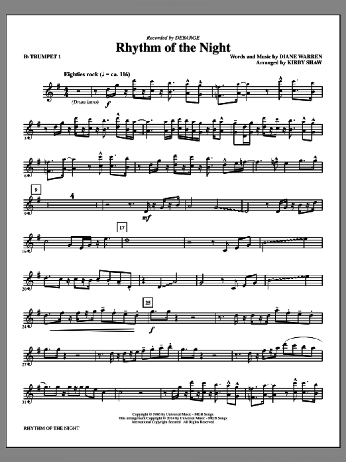 Rhythm of the Night (arr. Kirby Shaw) (complete set of parts) sheet music for orchestra/band by Kirby Shaw, DeBarge and Diane Warren, intermediate skill level