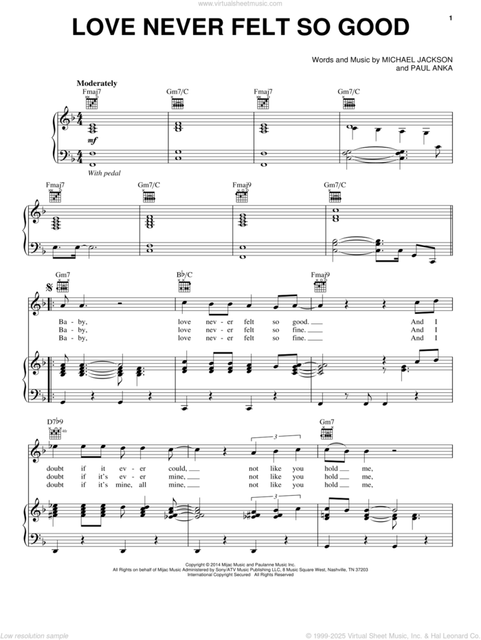 Love Never Felt So Good sheet music for voice, piano or guitar by Michael Jackson and Paul Anka, intermediate skill level