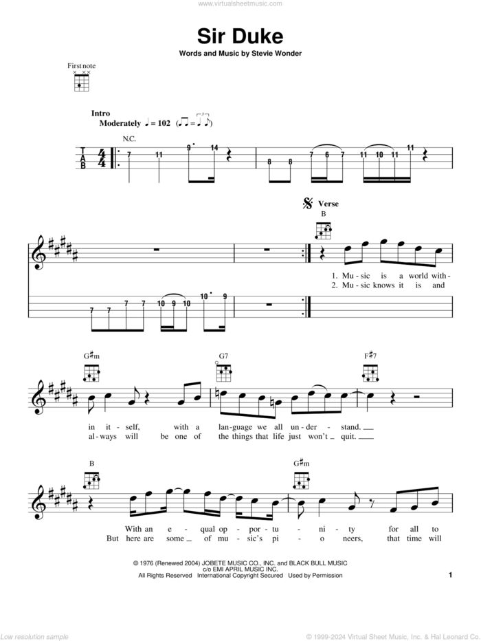 Sir Duke sheet music for ukulele by Stevie Wonder, intermediate skill level