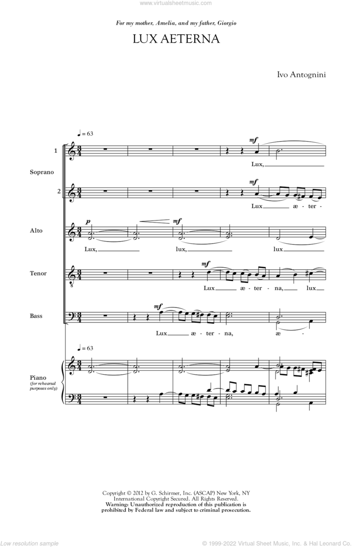 Lux Aeterna sheet music for choir (SATB: soprano, alto, tenor, bass) by Ivo Antognini, classical score, intermediate skill level