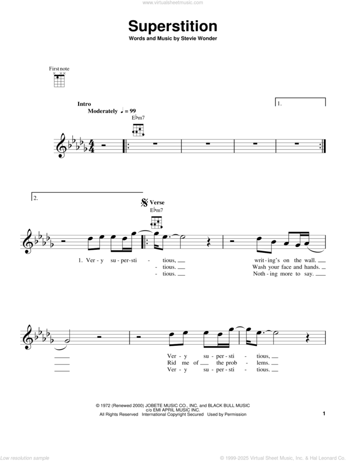 Superstition sheet music for ukulele by Stevie Wonder and Stevie Ray Vaughan, intermediate skill level