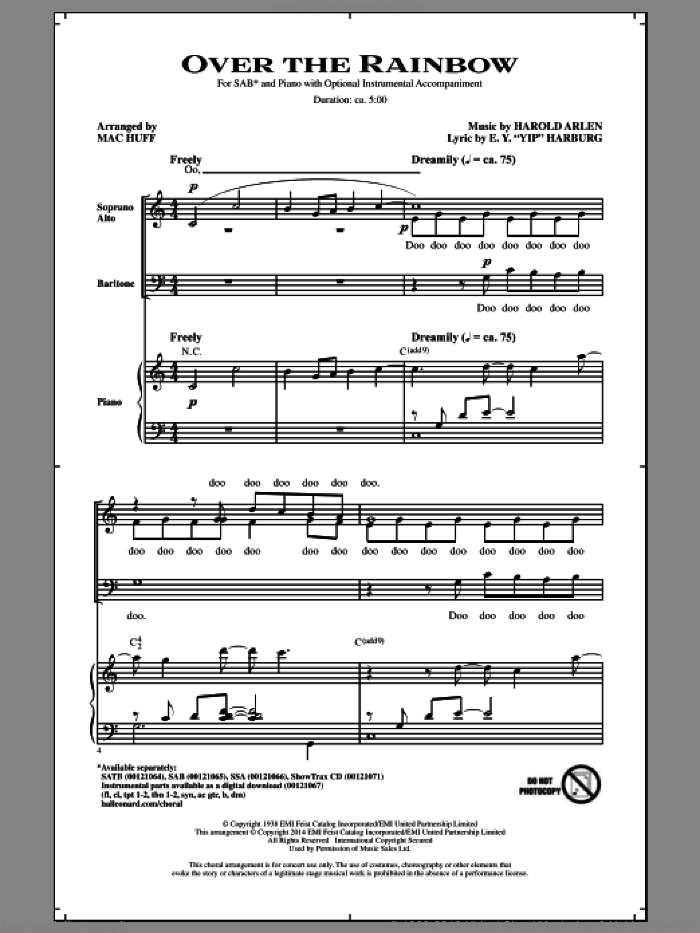 Over The Rainbow sheet music for choir (SAB: soprano, alto, bass) by Mac Huff, E.Y. Harburg and Harold Arlen, intermediate skill level