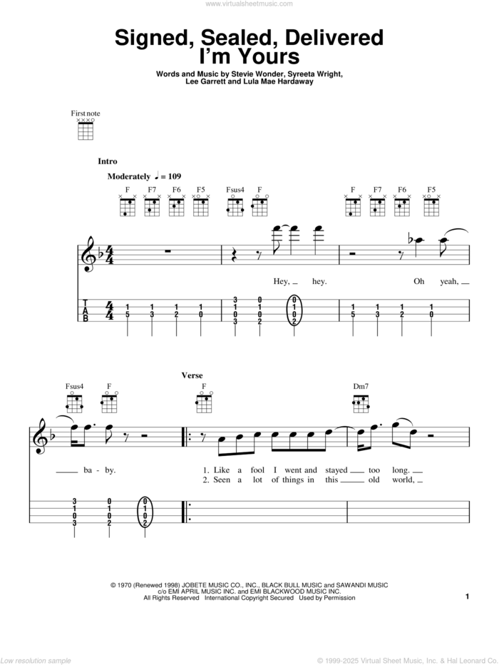 Signed, Sealed, Delivered I'm Yours sheet music for ukulele by Stevie Wonder, Lee Garrett, Lula Mae Hardaway and Syreeta Wright, intermediate skill level