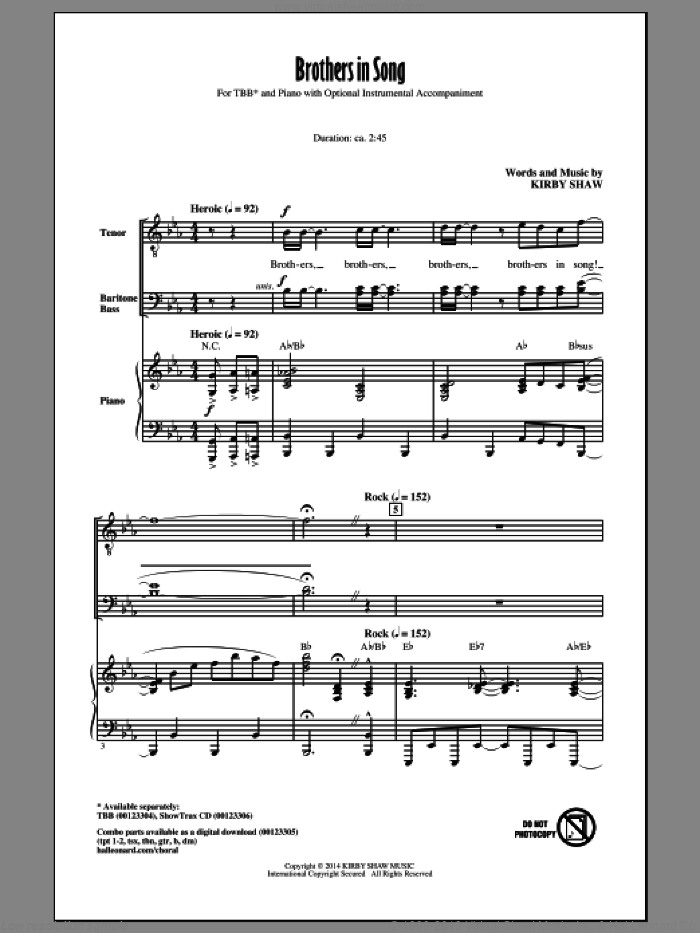 Brothers In Song sheet music for choir (TBB: tenor, bass) by Kirby Shaw, intermediate skill level