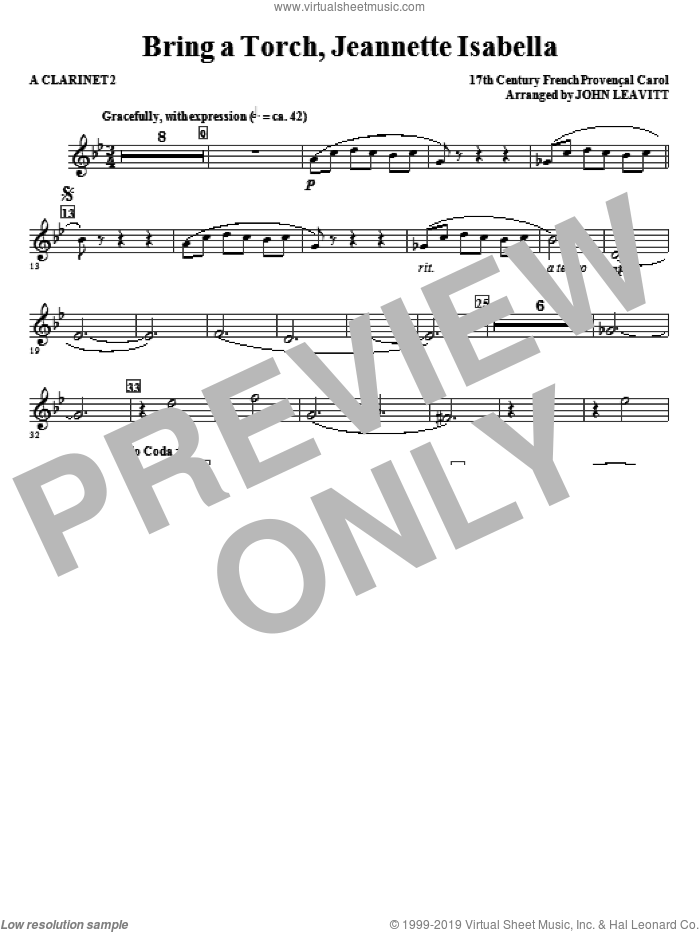 Bring a Torch, Jeanette Isabella sheet music for orchestra/band (a clarinet 2) by John Leavitt and Miscellaneous, intermediate skill level