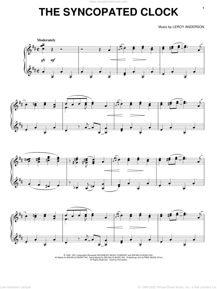 The Syncopated Clock sheet music for piano solo by Leroy Anderson and Mitchell Parish, intermediate skill level