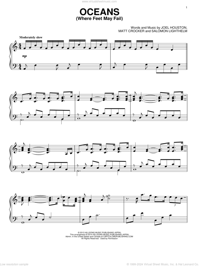 Oceans (Where Feet May Fail), (intermediate) sheet music for piano solo by Hillsong United, Joel Houston, Matt Crocker and Salomon Lighthelm, intermediate skill level