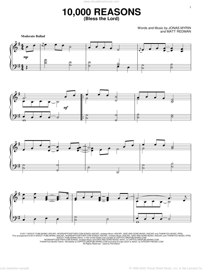 10,000 Reasons (Bless The Lord), (intermediate) sheet music for piano solo by Matt Redman and Jonas Myrin, intermediate skill level