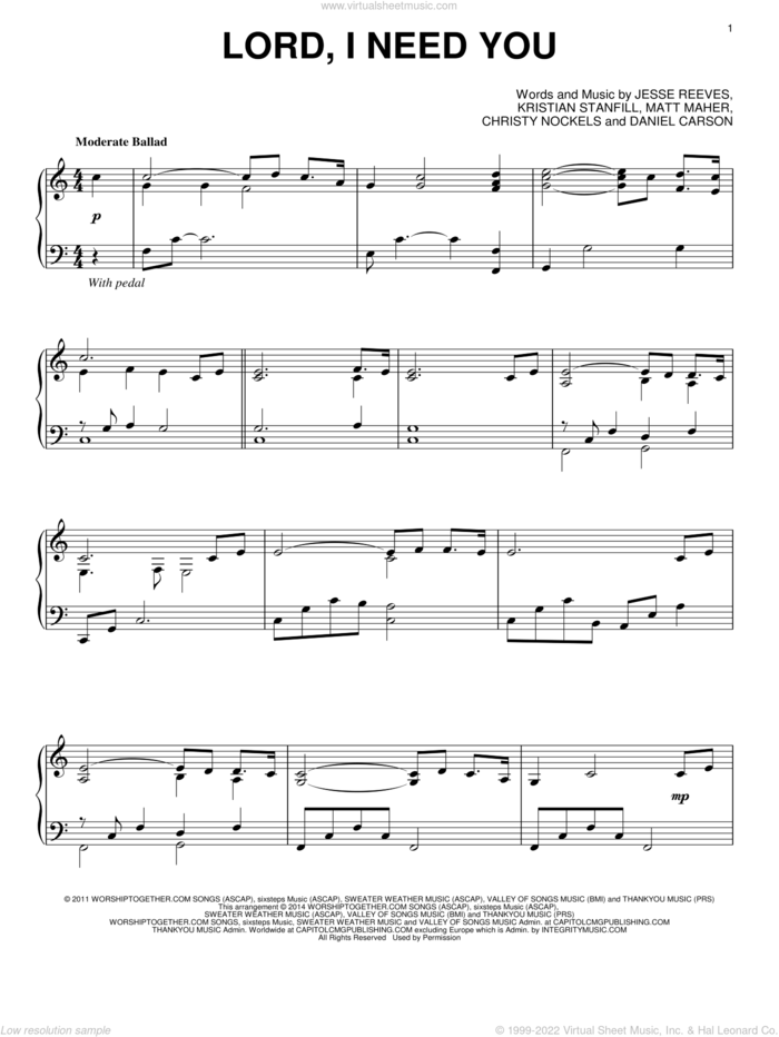Lord, I Need You, (intermediate) sheet music for piano solo by Passion, Christy Nockels, Daniel Carson, Jesse Reeves, Kristian Stanfill and Matt Maher, intermediate skill level