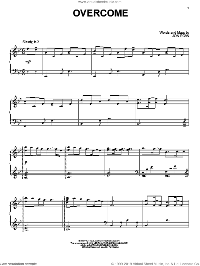 Overcome sheet music for piano solo by Jon Egan and Jeremy Camp, intermediate skill level