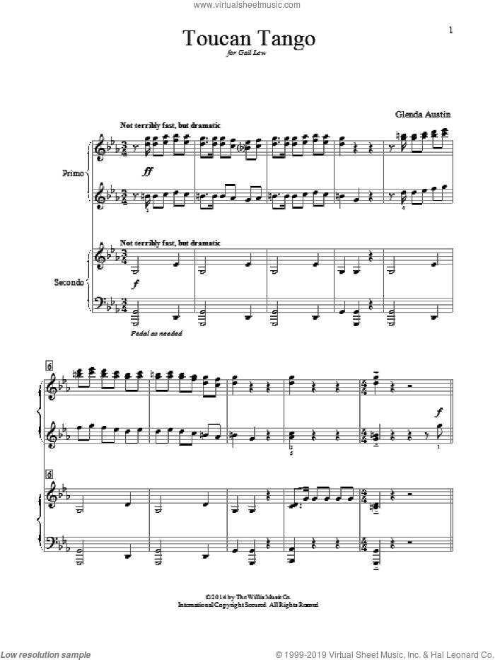 Toucan Tango sheet music for piano four hands by Glenda Austin, intermediate skill level