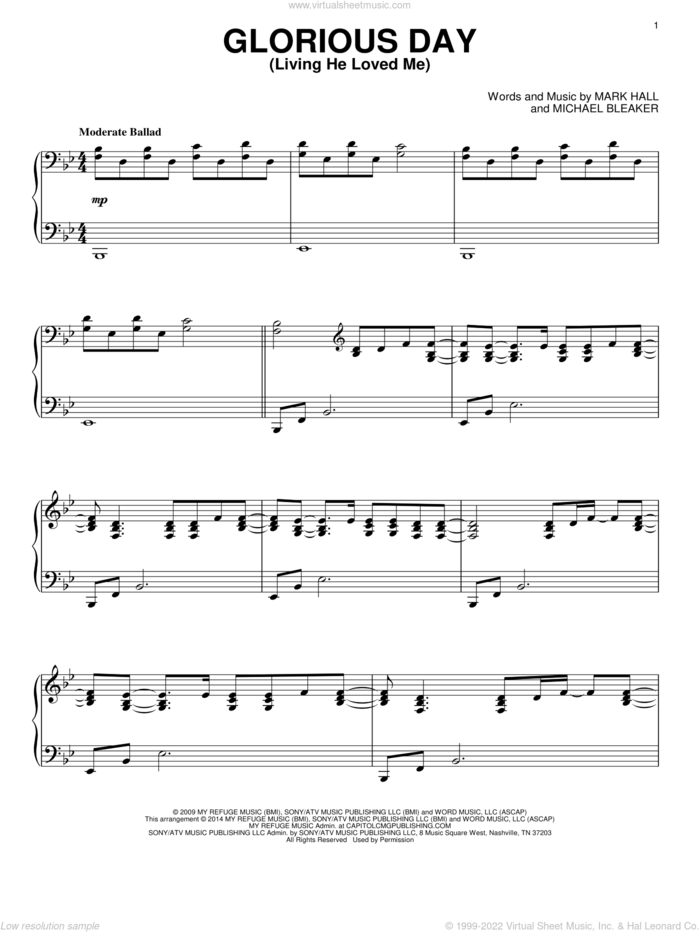 Glorious Day (Living He Loved Me) sheet music for piano solo by Casting Crowns, Mark Hall and Michael Bleaker, intermediate skill level