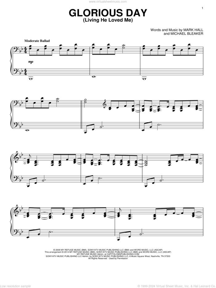 Glorious Day (Living He Loved Me), (intermediate) sheet music for piano solo by Casting Crowns, Mark Hall and Michael Bleaker, intermediate skill level