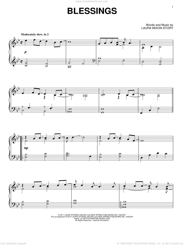 Blessings sheet music for piano solo by Laura Story and Laura Mixon Story, intermediate skill level