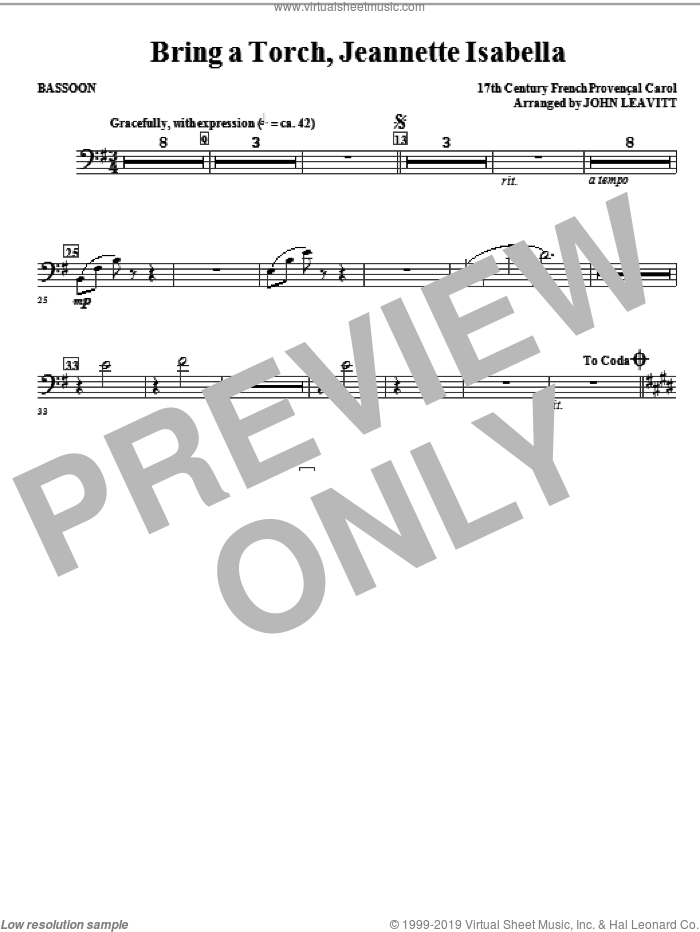 Bring a Torch, Jeanette Isabella sheet music for orchestra/band (bassoon) by John Leavitt and Miscellaneous, intermediate skill level