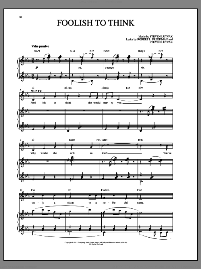 Foolish To Think sheet music for voice and piano by Steven Lutvak and Robert L. Freedman, intermediate skill level
