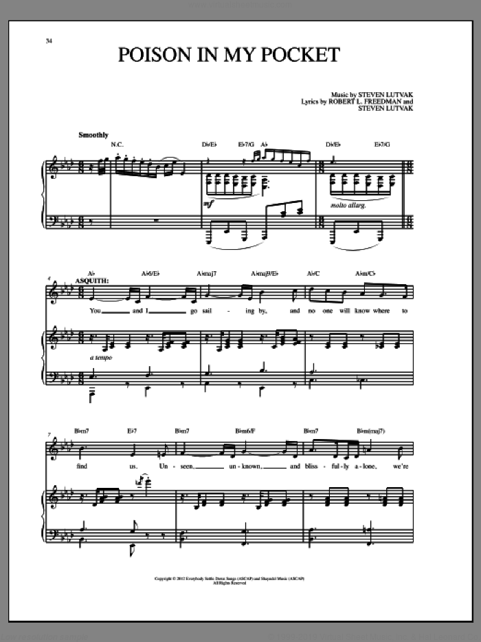 Poison In My Pocket sheet music for voice and piano by Steven Lutvak and Robert L. Freedman, intermediate skill level