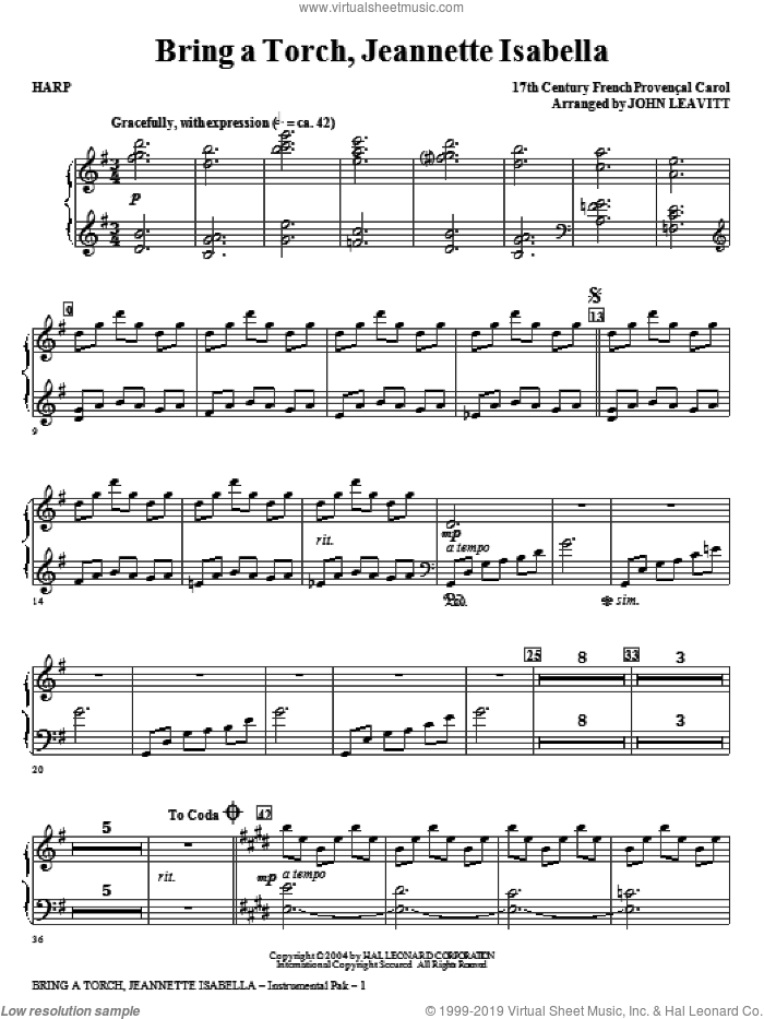 Bring a Torch, Jeanette Isabella sheet music for orchestra/band (harp) by John Leavitt and Miscellaneous, intermediate skill level