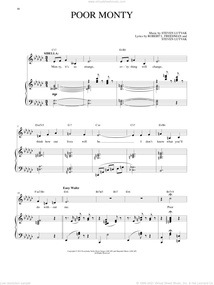 Poor Monty sheet music for voice and piano by Steven Lutvak and Robert L. Freedman, intermediate skill level
