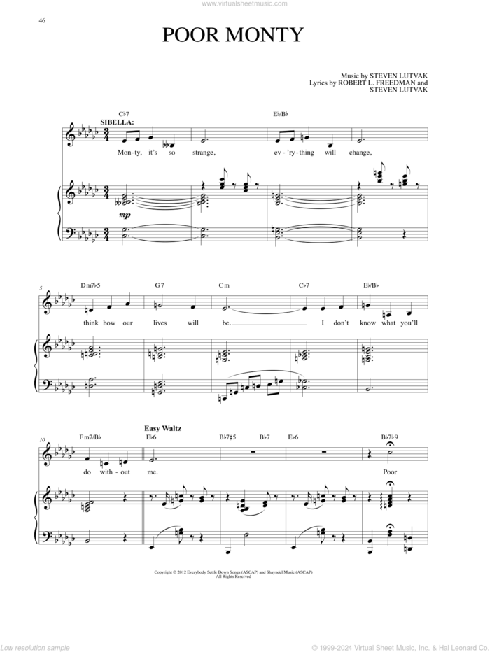 Poor Monty sheet music for voice and piano by Steven Lutvak and Robert L. Freedman, intermediate skill level