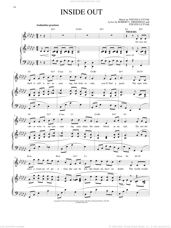 Inside Out sheet music for voice and piano by Steven Lutvak and Robert L. Freedman, intermediate skill level