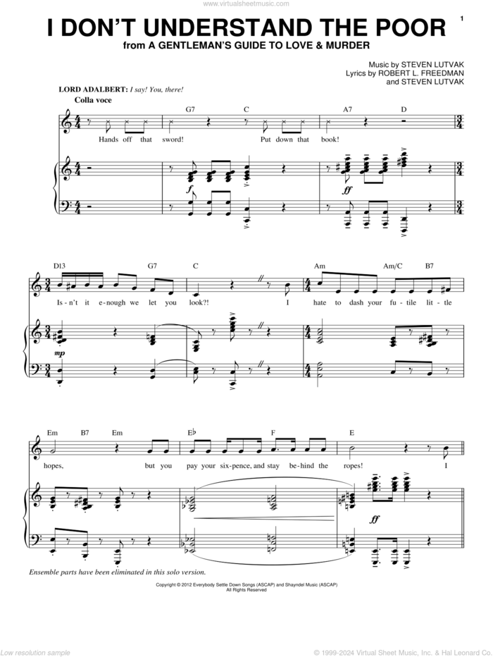 I Don't Understand The Poor sheet music for voice and piano by Steven Lutvak and Robert L. Freedman, intermediate skill level