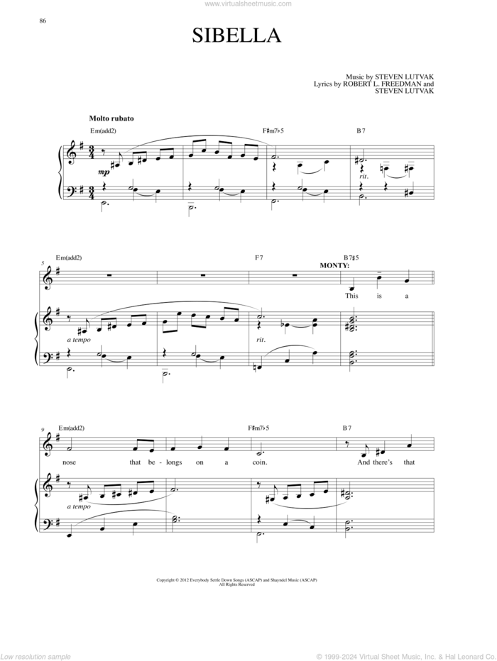 Sibella sheet music for voice and piano by Steven Lutvak and Robert L. Freedman, intermediate skill level