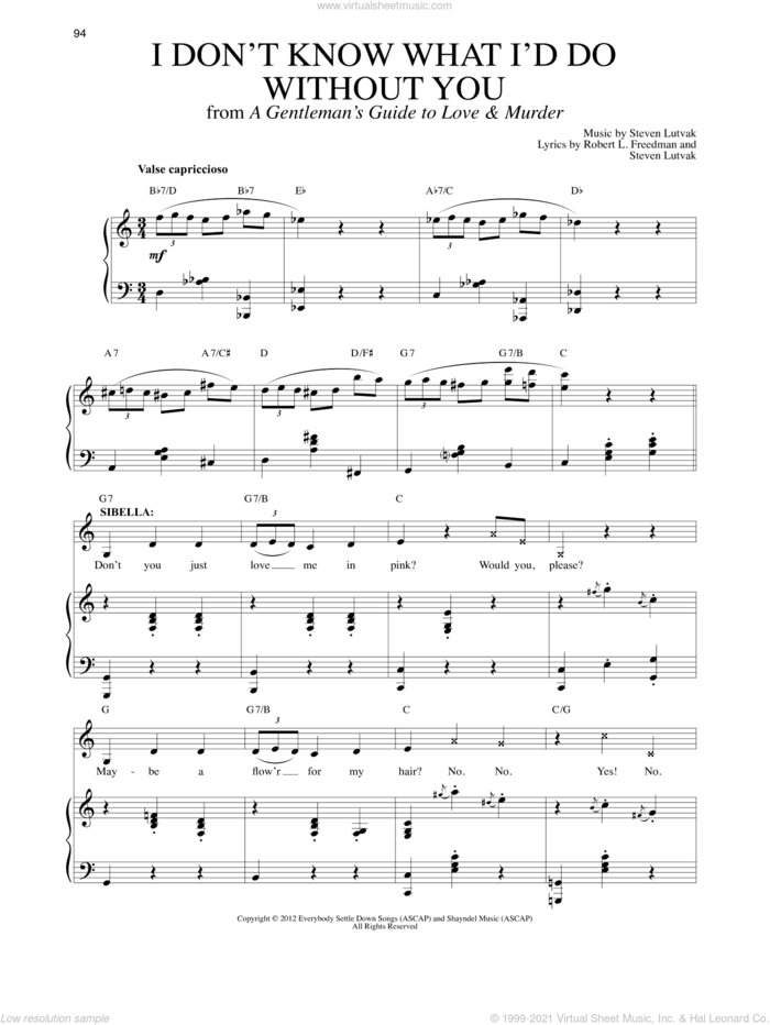 I Don't Know What I'd Do Without You sheet music for voice and piano by Steven Lutvak and Robert L. Freedman, intermediate skill level