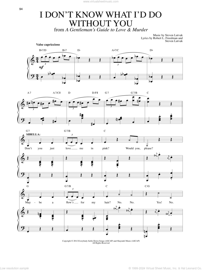 I Don't Know What I'd Do Without You sheet music for voice and piano by Steven Lutvak and Robert L. Freedman, intermediate skill level