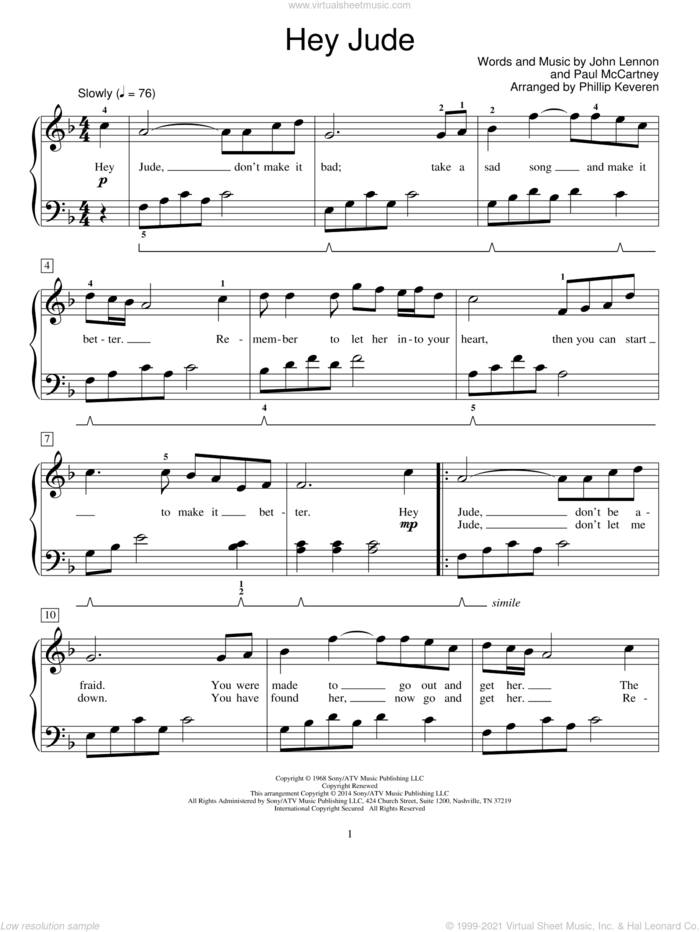 Hey Jude (arr. Phillip Keveren) sheet music for piano solo (elementary) by Paul McCartney, Mona Rejino, Phillip Keveren, Robert Vandall, The Beatles, John Lennon and Miscellaneous, beginner piano (elementary)
