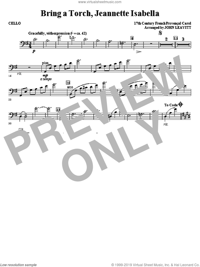 Bring a Torch, Jeanette Isabella sheet music for orchestra/band (cello) by John Leavitt and Miscellaneous, intermediate skill level