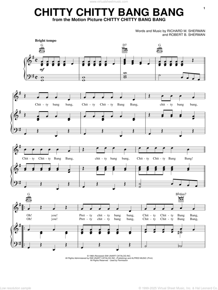 Chitty Chitty Bang Bang sheet music for voice, piano or guitar by Richard M. Sherman, Paul Mauriat and Robert B. Sherman, intermediate skill level