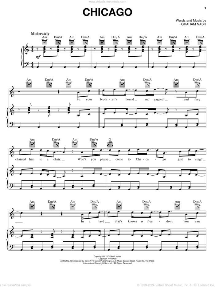 Chicago sheet music for voice, piano or guitar by Crosby, Stills & Nash and Graham Nash, intermediate skill level