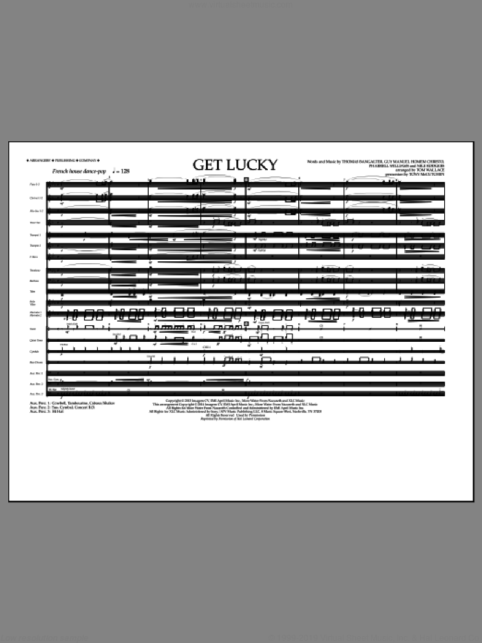 Get Lucky (COMPLETE) sheet music for marching band by Pharrell Williams, Daft Punk Featuring Pharrell Williams, Guy Manuel Homem Christo, Nile Rodgers, Thomas Bangalter and Tom Wallace, intermediate skill level