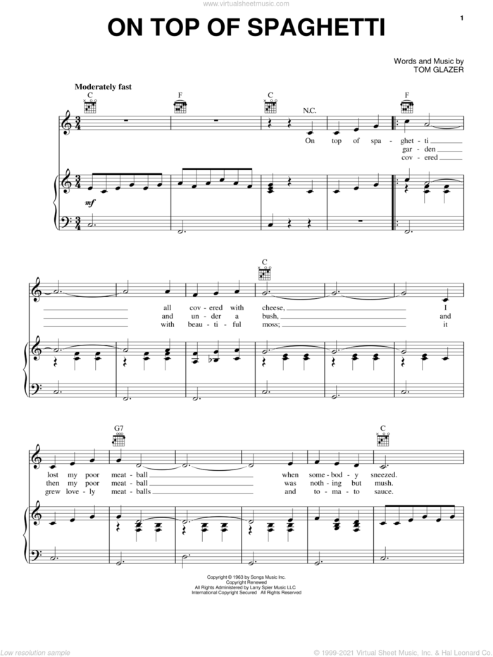 On Top Of Spaghetti sheet music for voice, piano or guitar by Tom Glazer, intermediate skill level