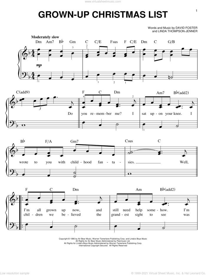 Grown-Up Christmas List, (easy) sheet music for piano solo by Amy Grant, David Foster and Linda Thompson-Jenner, easy skill level