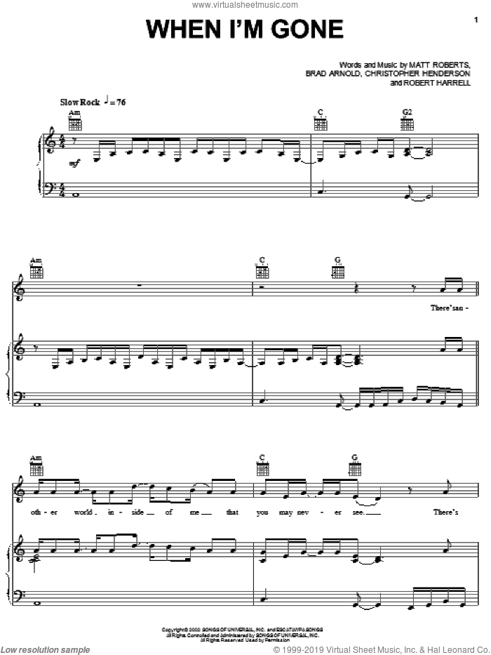 When I'm Gone sheet music for voice, piano or guitar by 3 Doors Down, Brad Arnold, Christopher Henderson, Matt Roberts and Robert Harrell, intermediate skill level