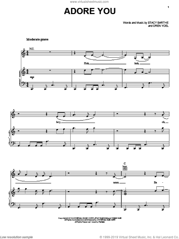 Adore You sheet music for voice, piano or guitar by Miley Cyrus, Oren Yoel and Stacy Barthe, intermediate skill level