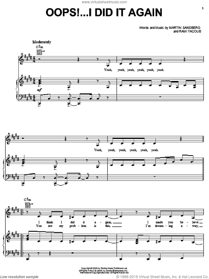 Oops!...I Did It Again sheet music for voice, piano or guitar by Britney Spears, Martin Sandberg and Rami, intermediate skill level