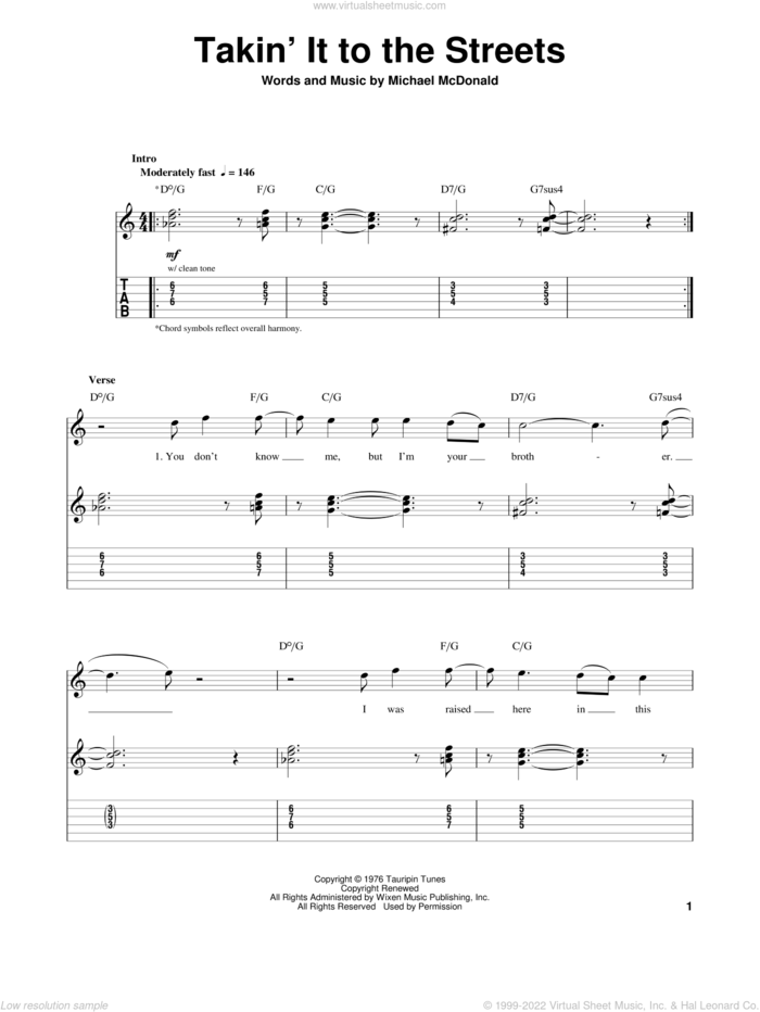 Takin' It To The Streets sheet music for guitar (tablature, play-along) by The Doobie Brothers, Michael McDonald and Taylor Hicks, intermediate skill level