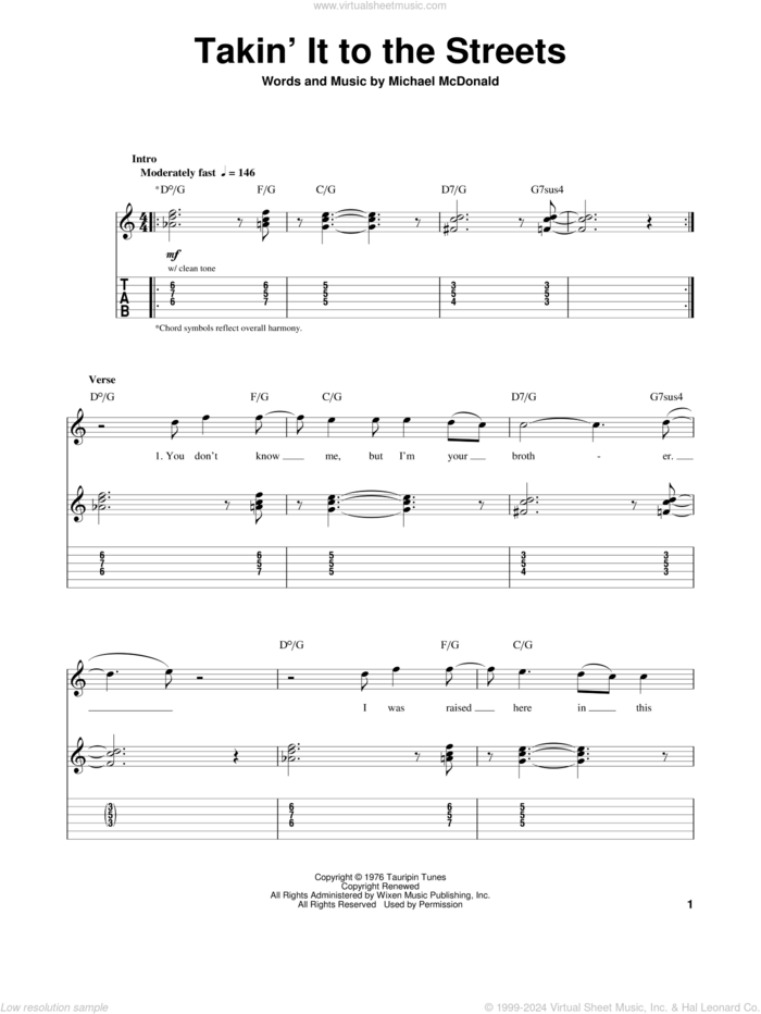 Takin' It To The Streets sheet music for guitar (tablature, play-along) by The Doobie Brothers, Michael McDonald and Taylor Hicks, intermediate skill level