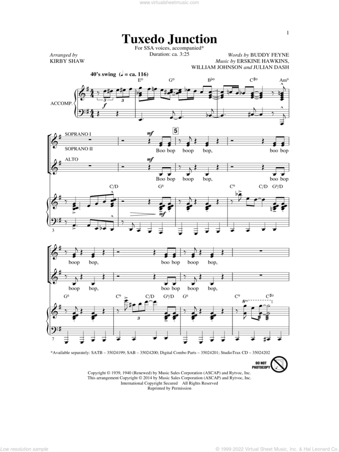 Tuxedo Junction sheet music for choir (SSA: soprano, alto) by Kirby Shaw, Buddy Feyne, Erskine Hawkins, Julian Dash and William Johnson, intermediate skill level