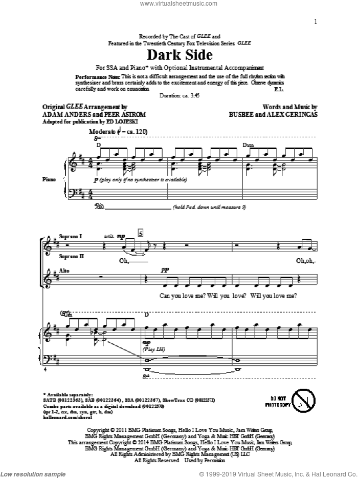 Dark Side sheet music for choir (SSA: soprano, alto) by Glee Cast, Alex Geringas, Ed Lojeski and Kelly Clarkson, intermediate skill level