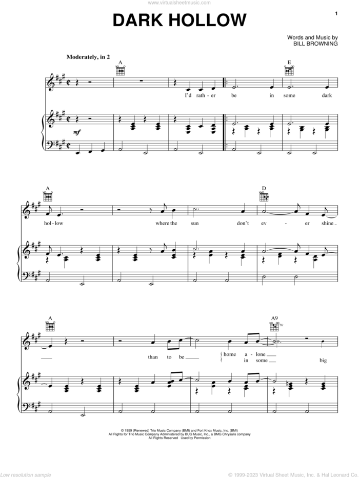 Dark Hollow sheet music for voice, piano or guitar by Grateful Dead and Bill Browning, intermediate skill level