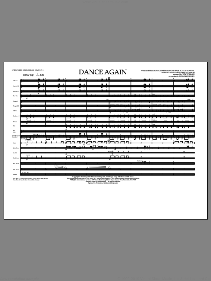 Dance Again (COMPLETE) sheet music for marching band by Tom Wallace, Achraf Jannusi, Armando Perez, Bilal Hajji, Enrique Iglesias, Jennifer Lopez, Nadir Khayat and Pitbull, intermediate skill level