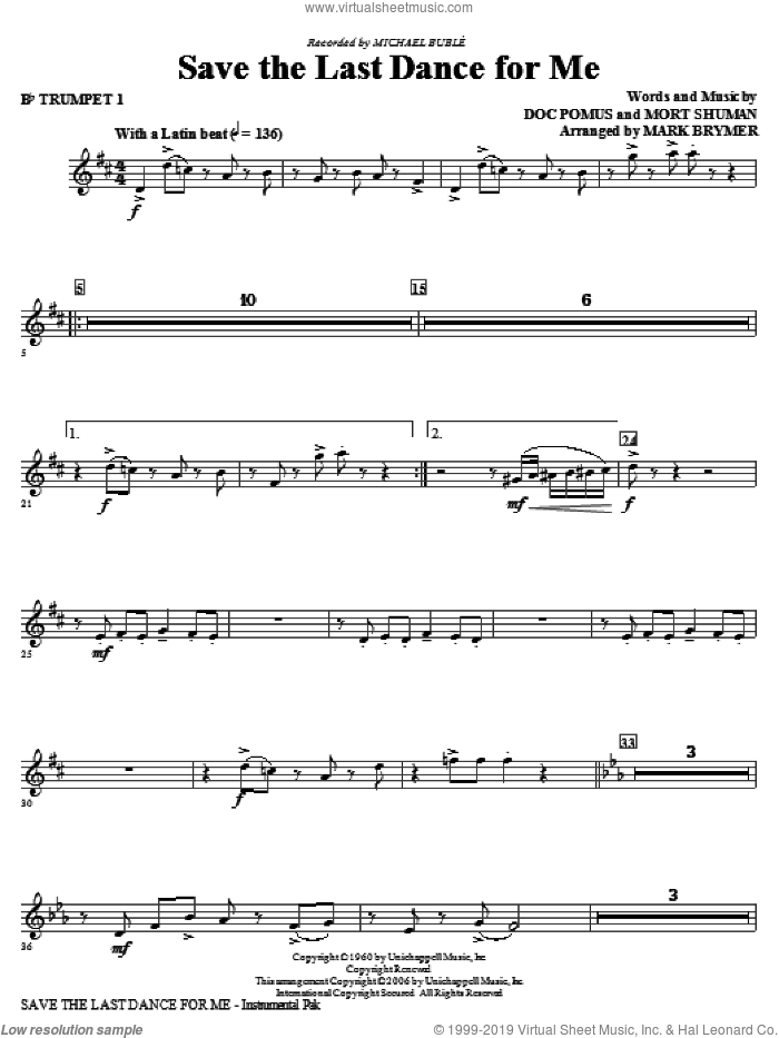 Save The Last Dance For Me (arr. Mark Brymer) (complete set of parts) sheet music for orchestra/band by Mort Shuman, Doc Pomus, Jerome Pomus, Mark Brymer, Michael Buble and The Drifters, intermediate skill level