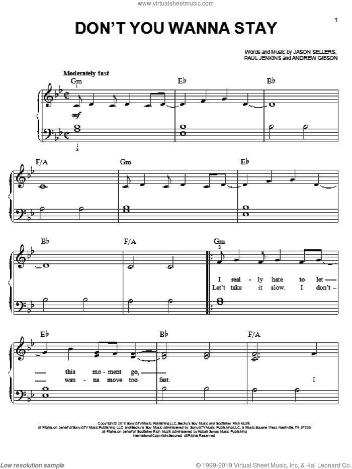 Don't You Wanna Stay sheet music for piano solo by Jason Aldean with Kelly Clarkson, Andrew Gibson, Jason Sellers, Kelly Clarkson and Paul Jenkins, easy skill level