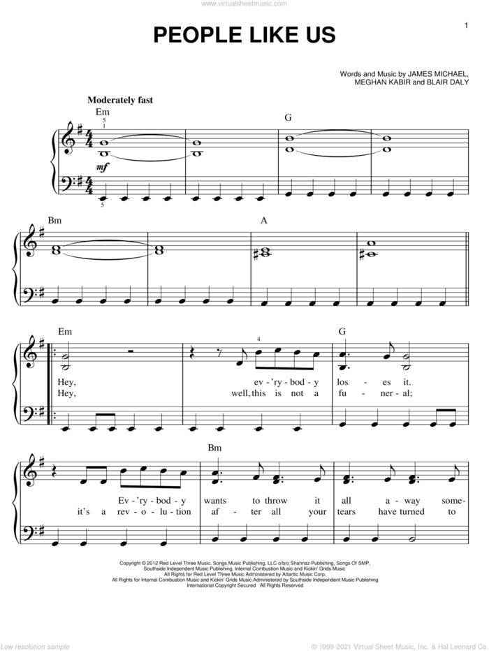 People Like Us sheet music for piano solo by Kelly Clarkson, Blair Daly, James Michael and Meghan Kabir, easy skill level
